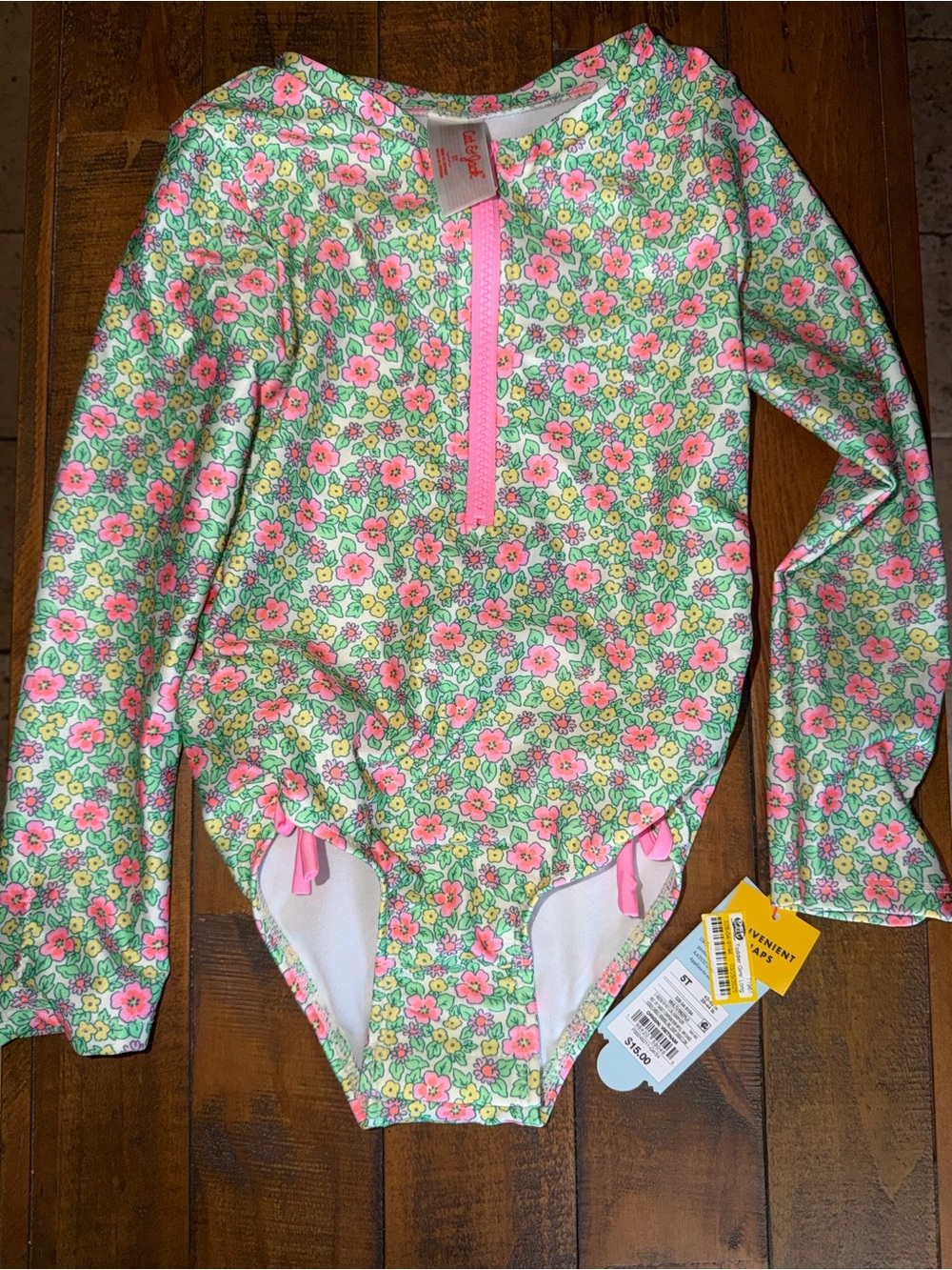 Target Girls' Long-Sleeve Floral One-Piece Swimsuit - Pink & Green